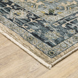 10' X 13' Blue Grey Beige Tan Green And Gold Oriental Power Loom Stain Resistant Area Rug With Fringe
