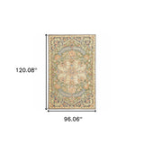 6' X 9' Ivory Beige Blue Orange Gold Green Grey And Rust Oriental Power Loom Stain Resistant Area Rug With Fringe