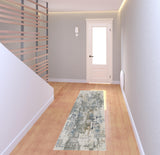 2' X 8' Grey Blue Brown Ivory And Deep Blue Abstract Power Loom Stain Resistant Runner Rug