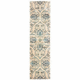 2' X 8' Ivory And Blue Floral Power Loom Stain Resistant Runner Rug