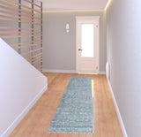 8' Blue and Gray Oriental Power Loom Distressed Runner Rug with Fringe