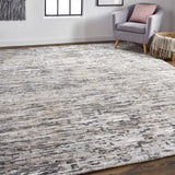 8' Brown Blue And Ivory Abstract Power Loom Distressed Runner Rug