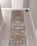 12' Orange Ivory And Blue Floral Power Loom Runner Rug With Fringe
