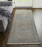 12' Blue Red And Gray Floral Power Loom Runner Rug