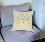 18" x 18" Beige and Aqua Crab Linen Blend Zippered Pillow With Embroidery
