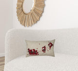 12" X 20" Beige and Red Reindeer Christmas Santa and Sleigh Linen Blend Zippered Pillow With Applique