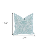 20" X 20" Green and White Damask Polyester Zippered Pillow With Embroidery
