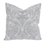 20" X 20" Gray and White Damask Polyester Zippered Pillow With Embroidery