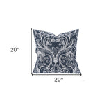 20" X 20" Blue and White Damask Polyester Zippered Pillow With Embroidery