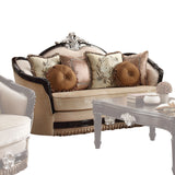 75" Tan Velvet Curved Loveseat and Toss Pillows