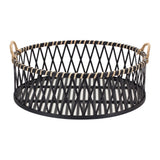 Set Of Two Black and Tan Round Bamboo Serving Tray With Handles