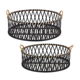 Set Of Two Black and Tan Round Bamboo Serving Tray With Handles