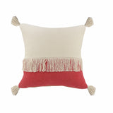 20" x 20" Red and Off White 100% Cotton Pillow With Tassels