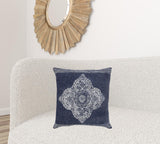 20" X 20" Dark Blue And White 100% Cotton Floral Zippered Pillow
