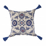 18" X 18" Blue And Cream 100% Cotton Floral Zippered Pillow