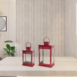 Set of Two Red Metal Ornate Floor Lantern Candle Holders