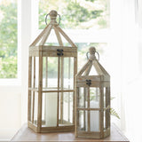 Set of Two Brown Solid Wood Ornate Tabletop Lantern Candle Holders