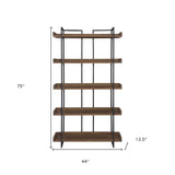 75" Light Brown Solid Wood and Metal Five Tier Industrial Bookcase