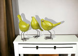 Set of Three Lemongrass Green Polyresin and Metal Bird Sculptures