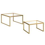 Set of Two 30" Gold Glass And Steel Square Nested Coffee Tables