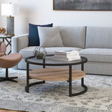 34" Brown And Black Glass And Steel Round Coffee Table With Shelf