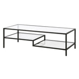 54" Black Glass And Steel Coffee Table With Two Shelves