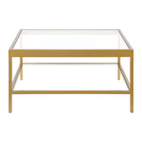 32" Gold Glass And Steel Square Coffee Table With Shelf