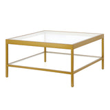 32" Gold Glass And Steel Square Coffee Table With Shelf