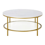36" Gold Faux Marble And Steel Round Coffee Table With Shelf