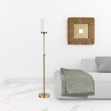 66" Brass Torchiere Floor Lamp With White Frosted Glass Drum Shade
