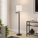 62" Brass Swing Arm Floor Lamp With White Frosted Glass Drum Shade