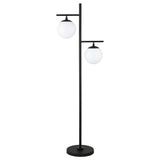 71" Black Two Light Tree Floor Lamp With White Frosted Glass Globe Shade