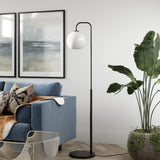 62" Black Arched Floor Lamp With White Frosted Glass Globe Shade
