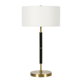 25" Black and Gold Metal Two Light Table Lamp With White Drum Shade