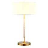 25" Gold and White Metal Two Light Table Lamp With White Drum Shade