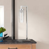 26" Black Metal Arched Table Lamp With Clear Seeded Cylinder Shade