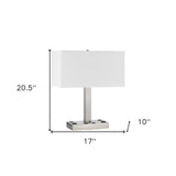 21" Nickel Metal Two Light Desk Usb Table Lamp With White Rectangular Shade