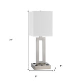 26" Nickel Metal Desk Usb Table Lamp With White Rectangular Shade