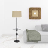 61" Bronze Tray Table Floor Lamp With Tan Transparent Glass Square Shade