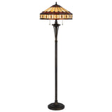 61" Bronze Two Light Traditional Shaped Floor Lamp With Purple and Ivory Abstract Tiffany Glass Empire Shade