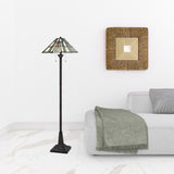 62" Bronze Two Light Traditional Shaped Floor Lamp With Gray and Ivory Abstract Tiffany Glass Empire Shade