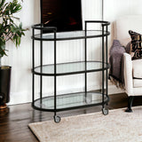Black Steel And Glass Oval Rolling Bar Cart