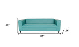 84" Blue Faux Leather And Black Sofa