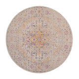 6' Yellow and Ivory Round Oriental Power Loom Distressed Area Rug