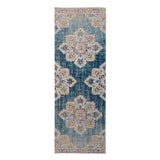 7' Teal Blue Medallion Power Loom Runner Rug With Fringe