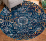 6' Blue and Yellow Round Southwestern Power Loom Area Rug