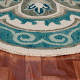 4' Blue Round Wool Floral Hand Tufted Area Rug
