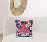 20" X 20" Blue and Red Cheetah Animal Print Cotton Zippered Pillow With Embroidery