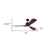 52" Black And Brown Propeller Three Blade Remote Control Integrated Light Ceiling Fan