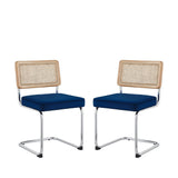 Set of Two Navy Blue and Silver Upholstered Velvet Dining Side Chairs